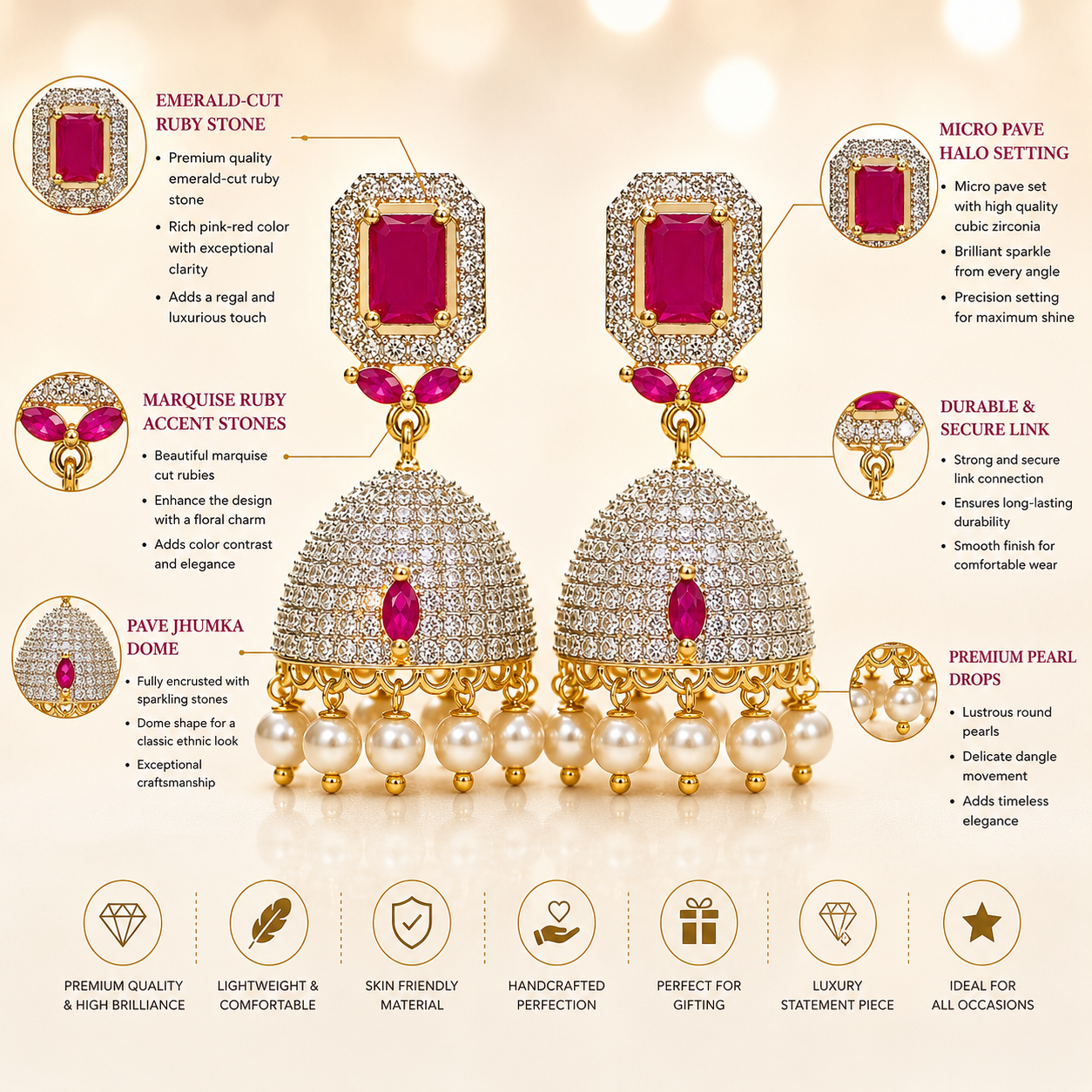 Flomae Gold Plated Pink Stone Pearl Jhumki Earrings for Women Cubic Zirconia Brass, Alloy Drops & Danglers, Jhumki Earring