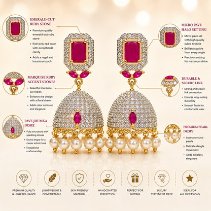 Flomae Gold Plated Pink Stone Pearl Jhumki Earrings for Women Cubic Zirconia Brass, Alloy Drops & Danglers, Jhumki Earring