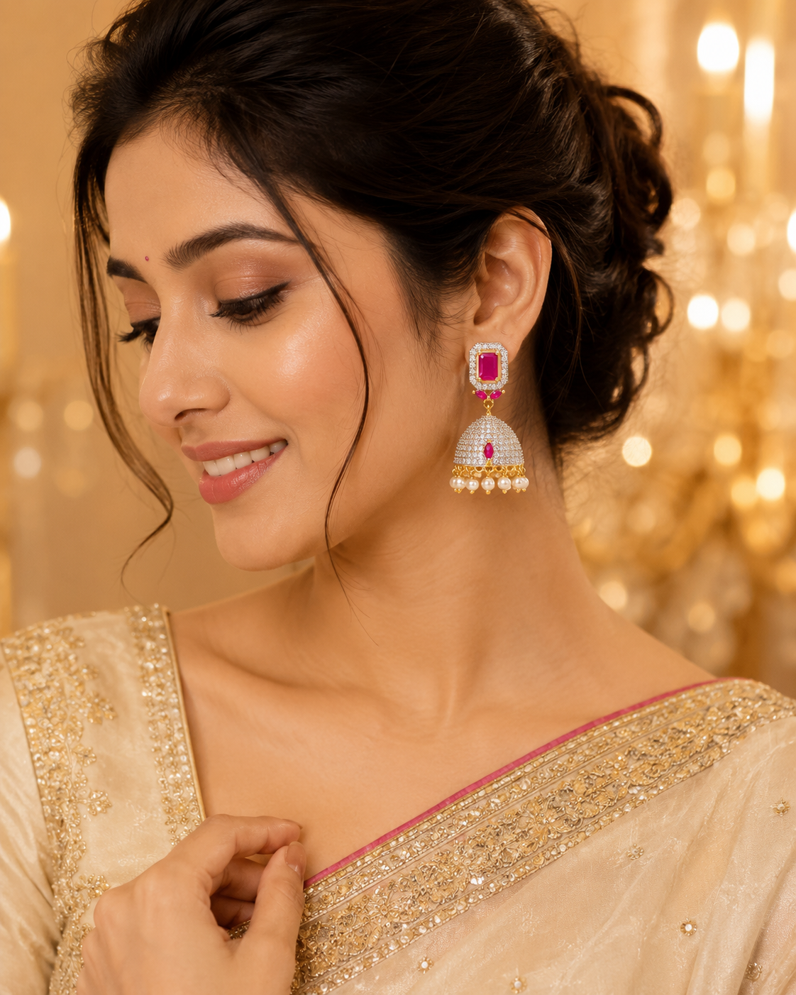 Flomae Gold Plated Pink Stone Pearl Jhumki Earrings for Women Cubic Zirconia Brass, Alloy Drops & Danglers, Jhumki Earring