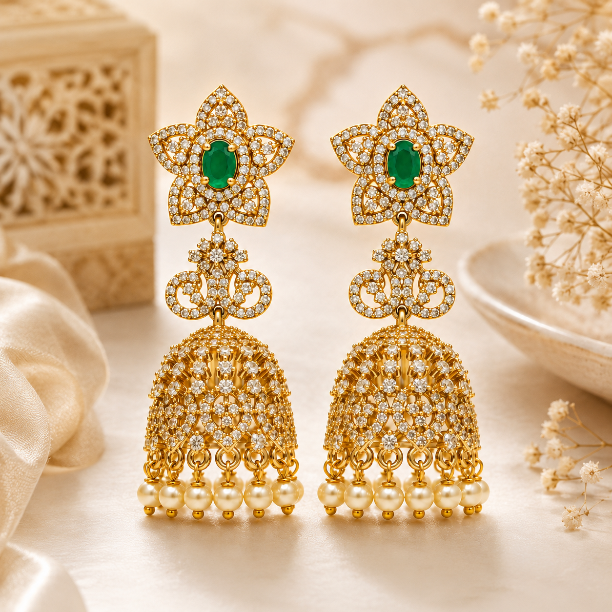 Flomae Gold Plated Green Stone Pearl Jhumki Earrings Cubic Zirconia Alloy Jhumki Earring, Drops & Danglers