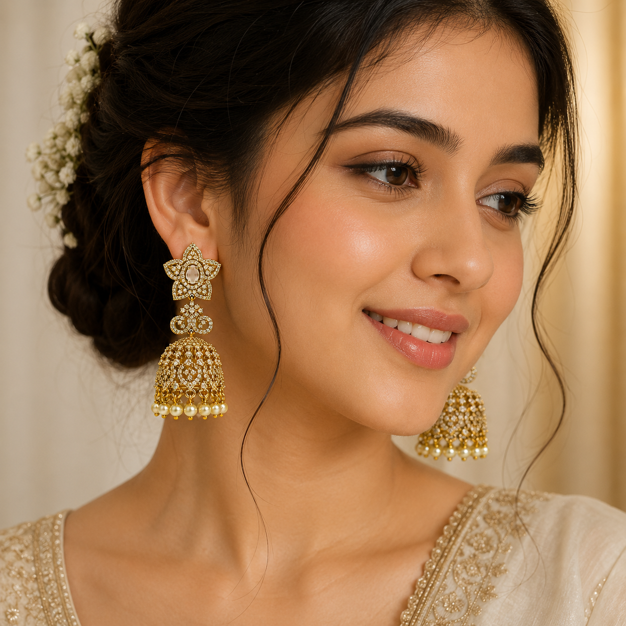 Flomae American Diamond CZ Pearl Drop Jhumka Earrings Cubic Zirconia Alloy Drops & Danglers, Jhumki Earring