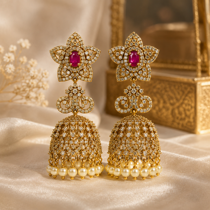 Flomae Gold Plated Green Stone CZ Pearl Drop Jhumki Earrings for Women Cubic Zirconia Alloy Jhumki Earring, Drops & Danglers