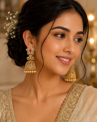 Flomae Gold Plated Green Stone CZ Pearl Drop Jhumki Earrings for Women Cubic Zirconia Alloy Jhumki Earring, Drops & Danglers