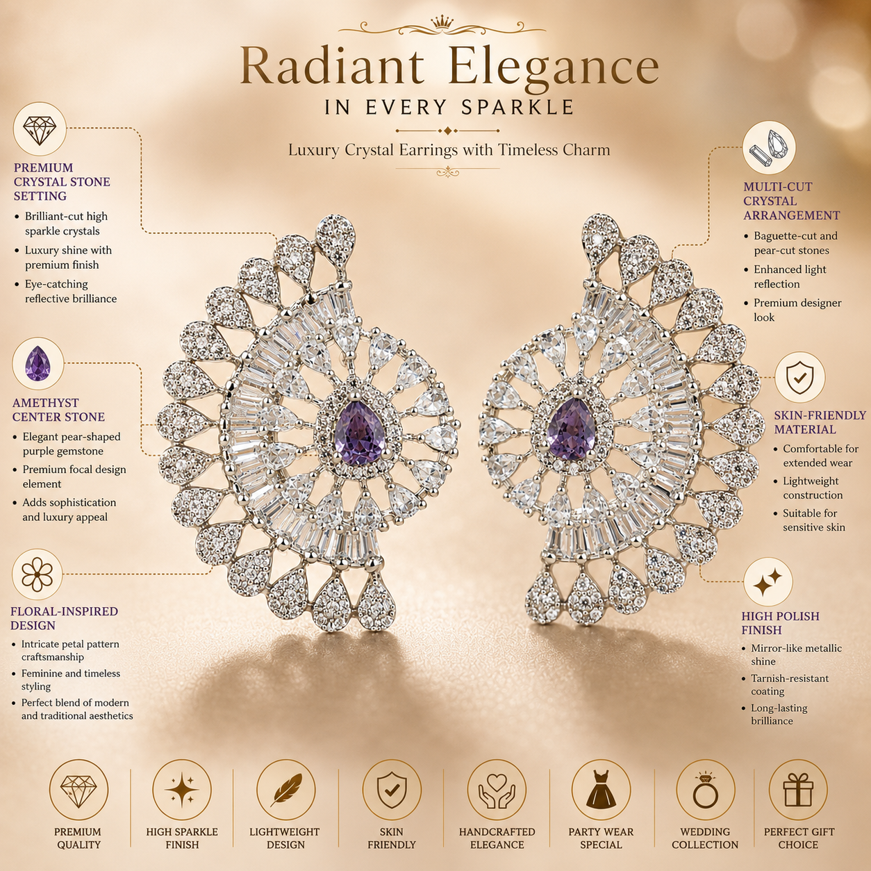 FLOMAE Silver Plated White And Purple Stone Chandbali Earrings for Women | CZ Wedding Party Wear Statement Earrings