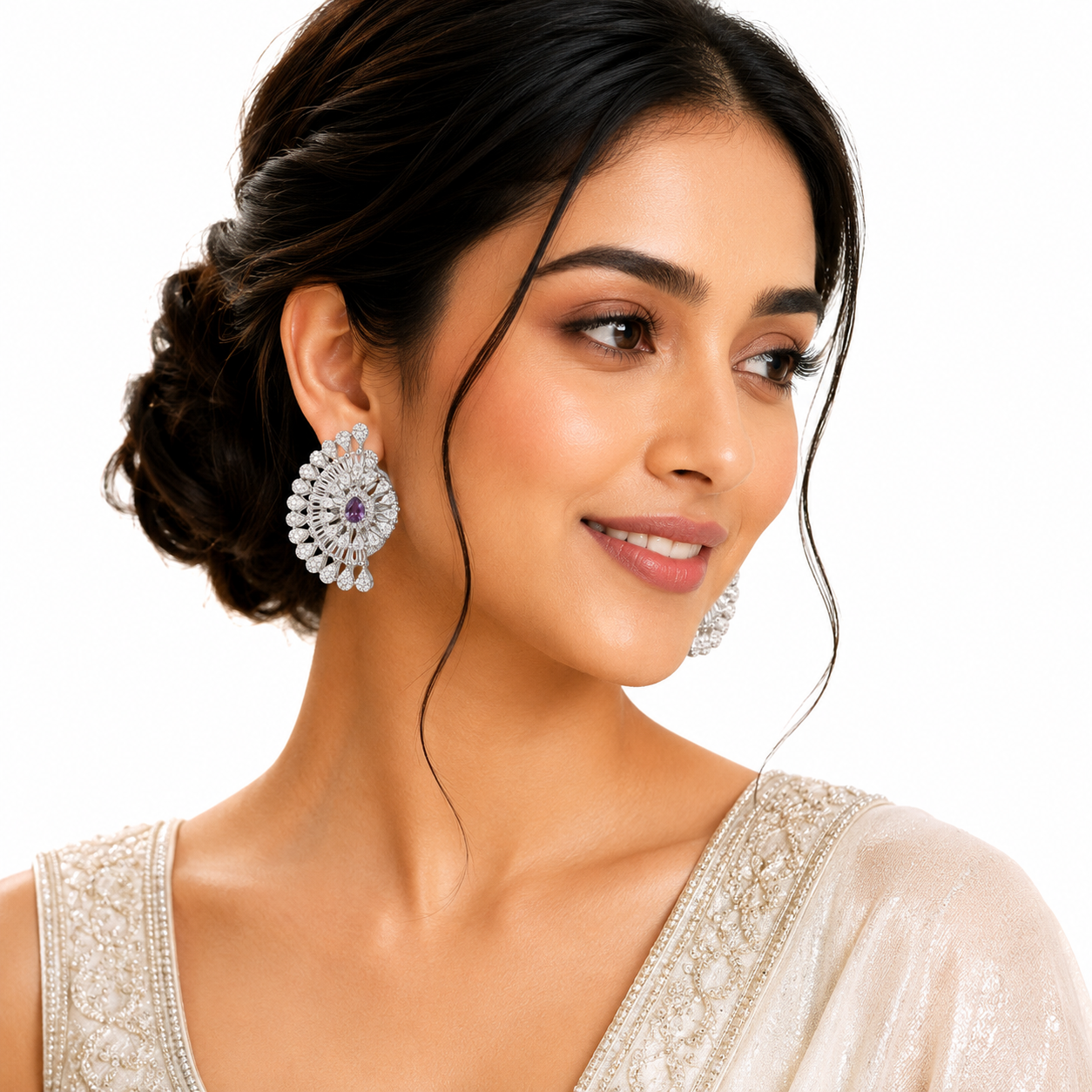 FLOMAE Silver Plated White And Purple Stone Chandbali Earrings for Women | CZ Wedding Party Wear Statement Earrings