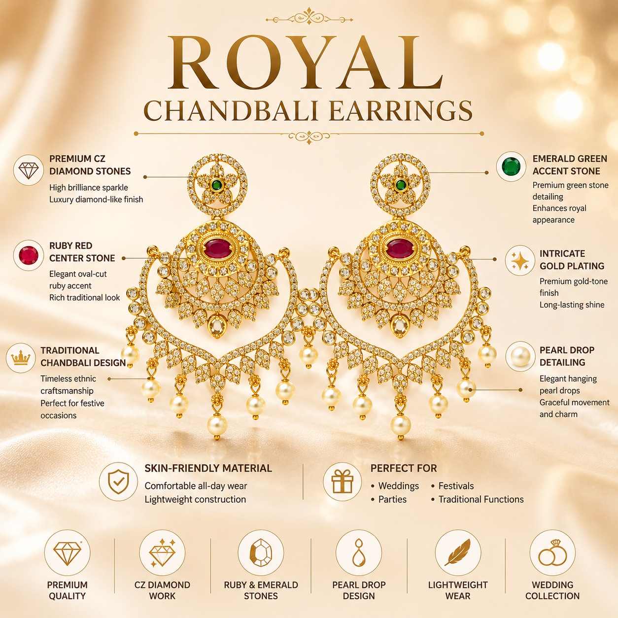 Flomae Gold Plated Green Stone Pearl Drop Chandbali Earrings for Women Cubic Zirconia Alloy Drops & Danglers, Jhumki Earring