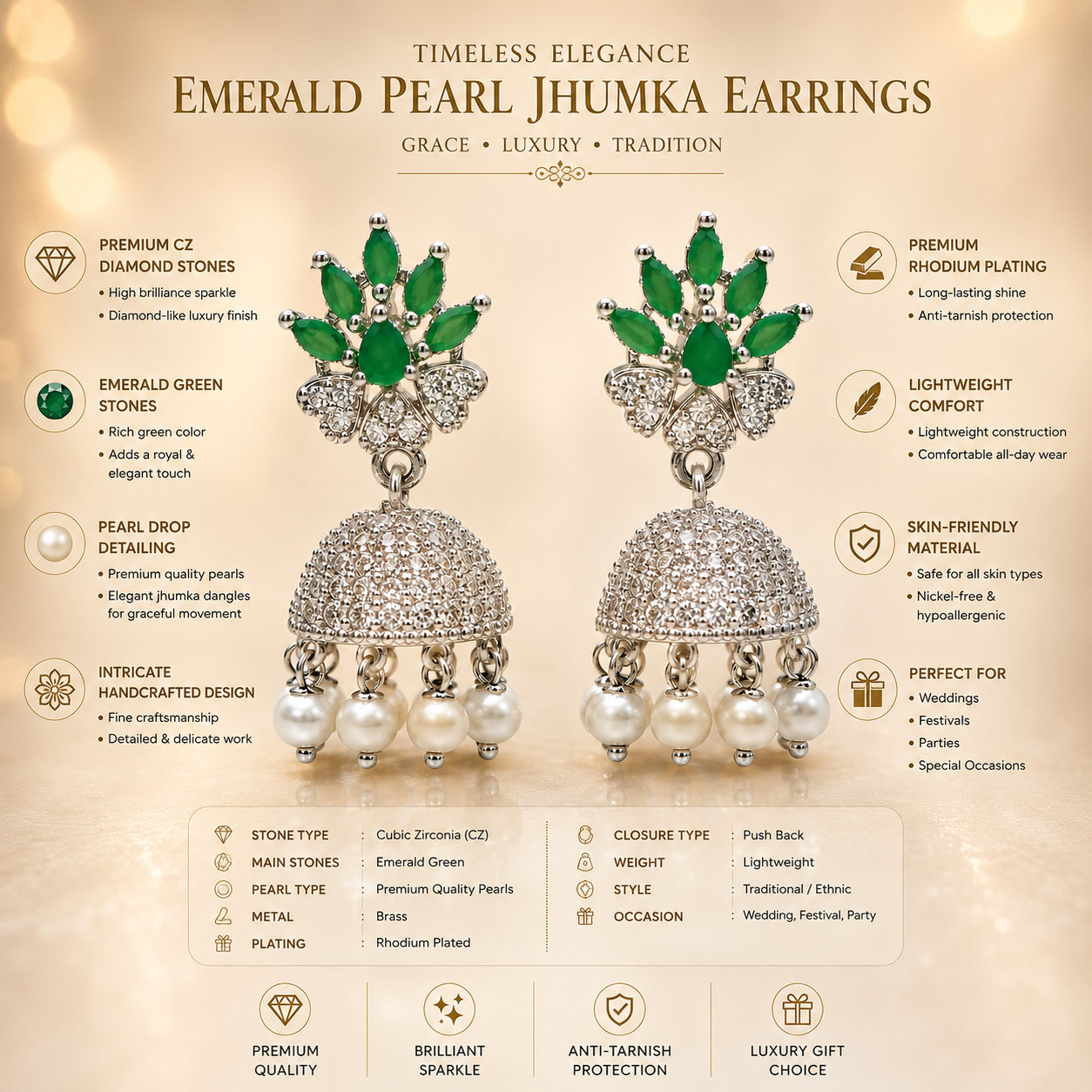 Flomae Silver Plated Green Stone Pearl Jhumki Earrings for Women Cubic Zirconia Alloy Drops & Danglers, Jhumki Earring