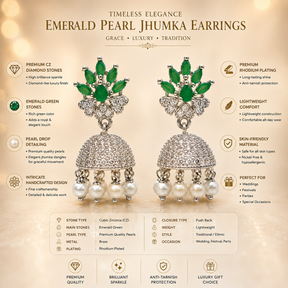 Flomae Silver Plated Green Stone Pearl Jhumki Earrings for Women Cubic Zirconia Alloy Drops & Danglers, Jhumki Earring