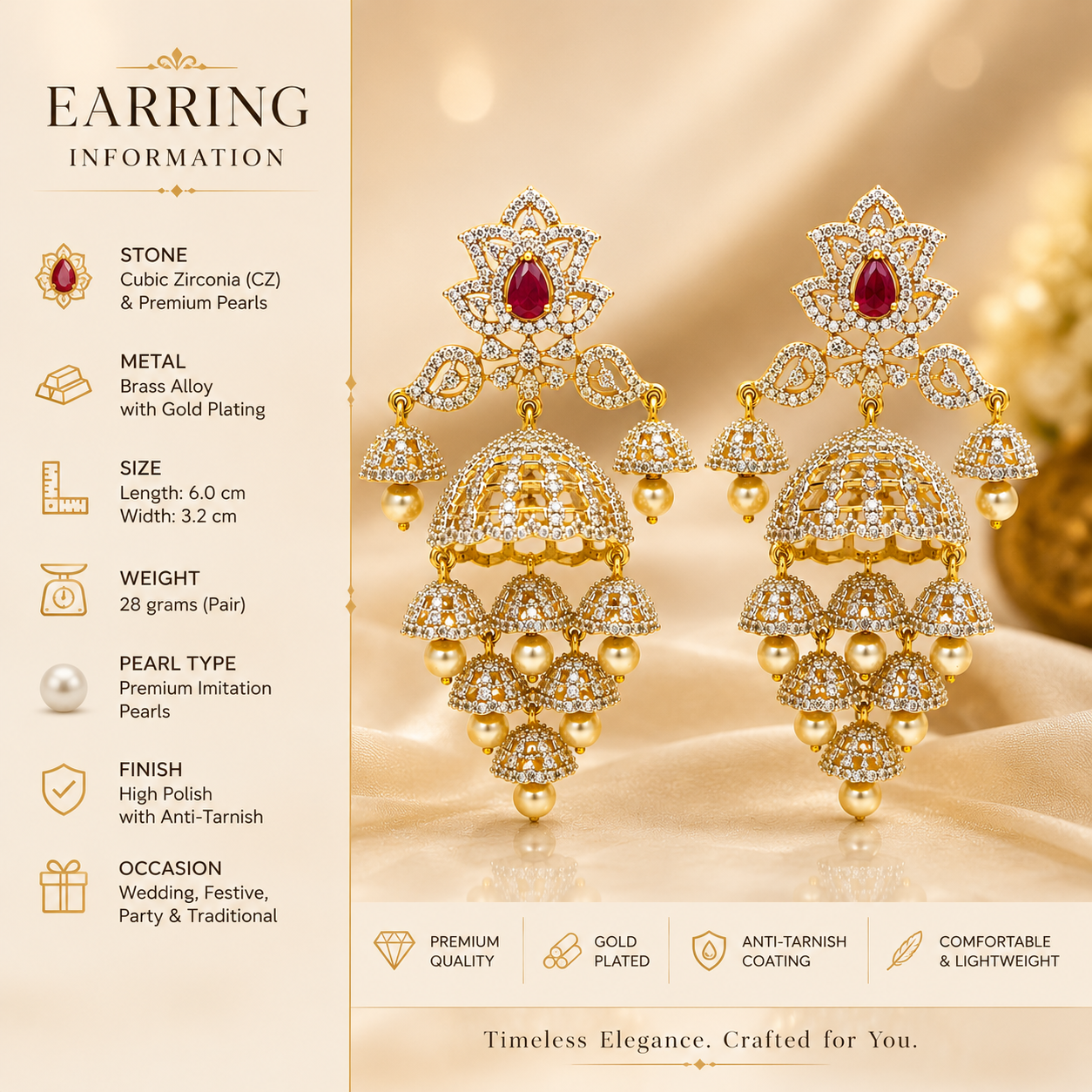 FLOMAE Gold Plated Ruby Stone Jhumki Earrings with Pearl Drops