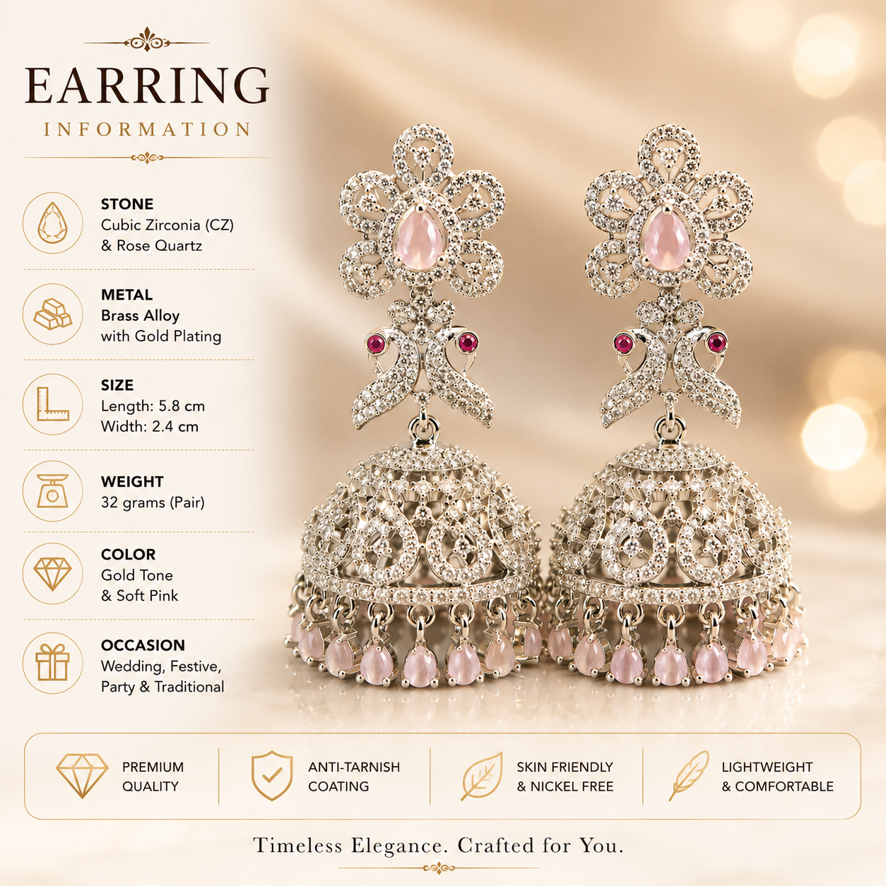 Flomae Silver Plated Light Pink Stone Jhumka Earrings for Women Traditional Big Jhumki Cubic Zirconia Alloy Drops & Danglers, Jhumki Earring
