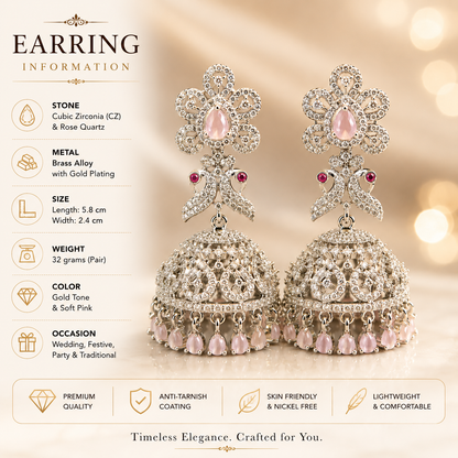 Flomae Silver Plated Light Pink Stone Jhumka Earrings for Women Traditional Big Jhumki Cubic Zirconia Alloy Drops & Danglers, Jhumki Earring