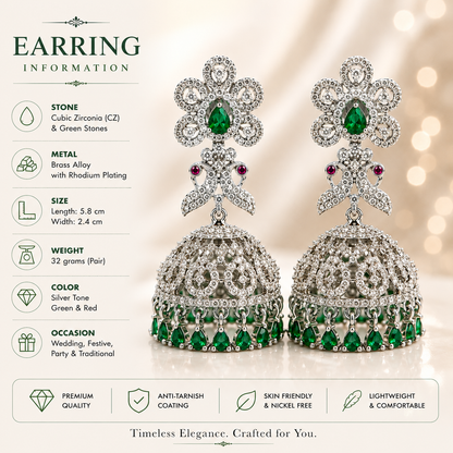 Flomae Silver Plated Green Stone Jhumka Earrings for Women Traditional Big Jhumki Cubic Zirconia Alloy Drops & Danglers, Jhumki Earring