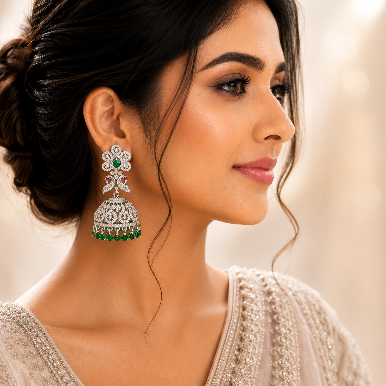 Flomae Silver Plated Green Stone Jhumka Earrings for Women Traditional Big Jhumki Cubic Zirconia Alloy Drops & Danglers, Jhumki Earring