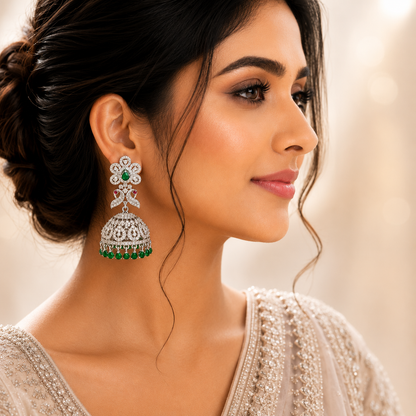 Flomae Silver Plated Green Stone Jhumka Earrings for Women Traditional Big Jhumki Cubic Zirconia Alloy Drops & Danglers, Jhumki Earring