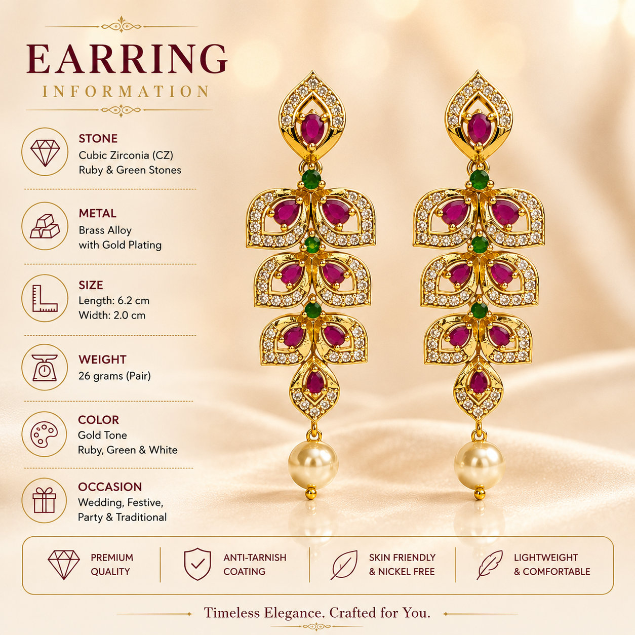 Flomae Gold Plated Earrings for Women Long Dangle Pearl Drop Pink Green Stone Earrings Cubic Zirconia Alloy Drops & Danglers, Jhumki Earring