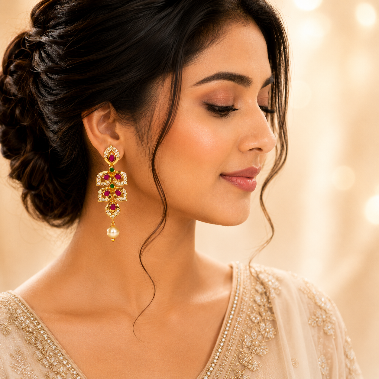 Flomae Gold Plated Earrings for Women Long Dangle Pearl Drop Pink Green Stone Earrings Cubic Zirconia Alloy Drops & Danglers, Jhumki Earring