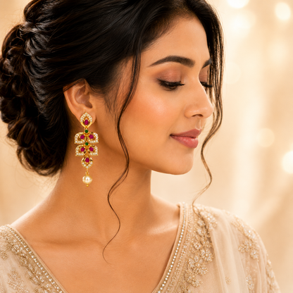 Flomae Gold Plated Earrings for Women Long Dangle Pearl Drop Pink Green Stone Earrings Cubic Zirconia Alloy Drops & Danglers, Jhumki Earring