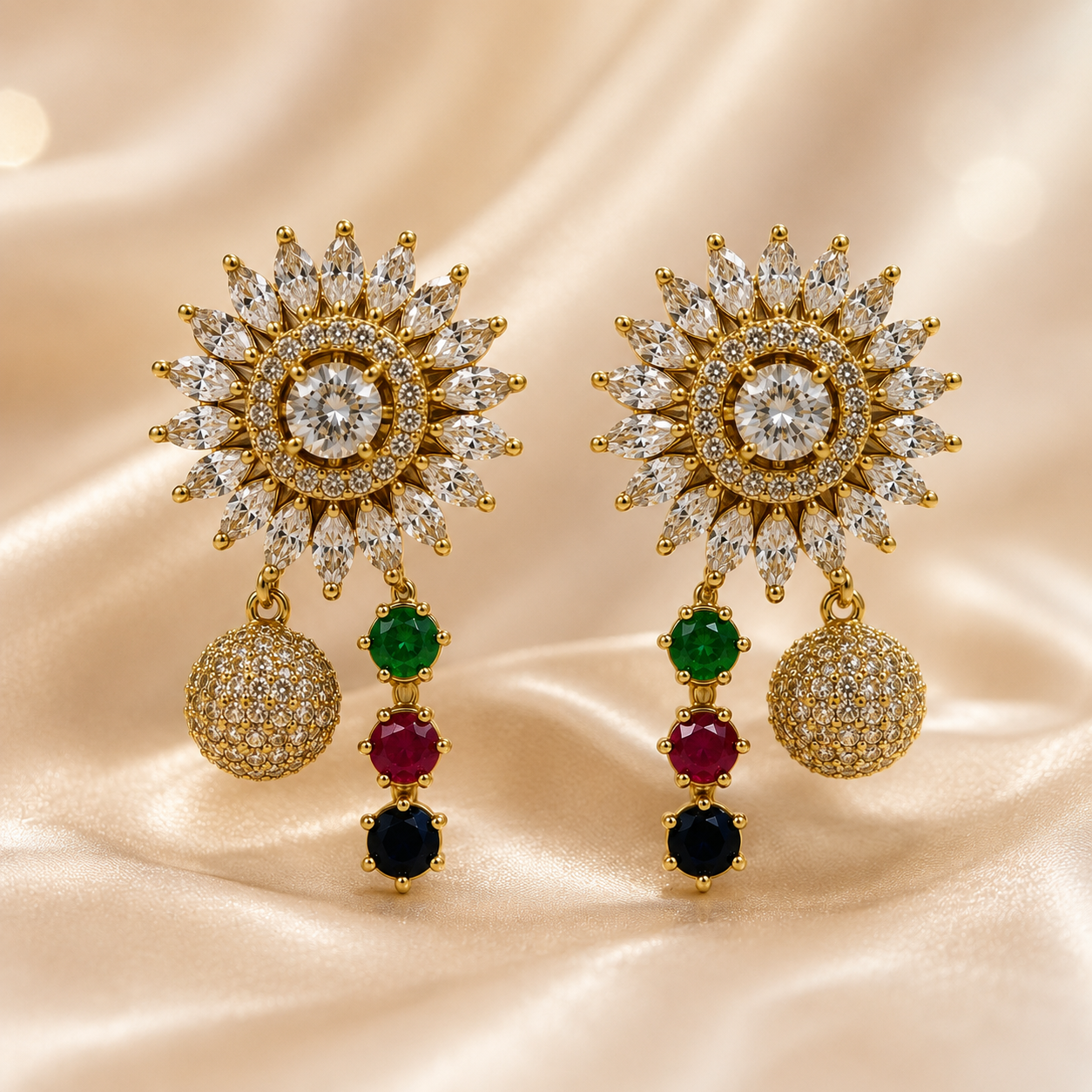 Elegant Floral Multicolor AD Stud Earrings for Women | Gold-Plated Designer Statement Earrings | Party, Wedding & Festive Jewellery