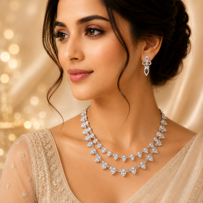 Flomae Silver-Plated AD Heart Necklace Set for Women | Designer Statement Necklace with Matching Earrings | Bridal, Party & Festive Jewellery