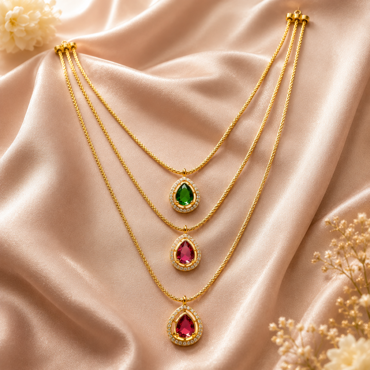 FLOMAE Gold Plated Multi Layer Pendant Necklace for Women | Green & Pink Stone AD Chain Necklace | Designer Party Wear Jewelry