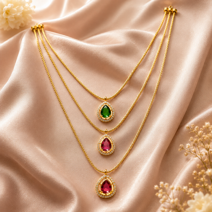 FLOMAE Gold Plated Multi Layer Pendant Necklace for Women | Green & Pink Stone AD Chain Necklace | Designer Party Wear Jewelry