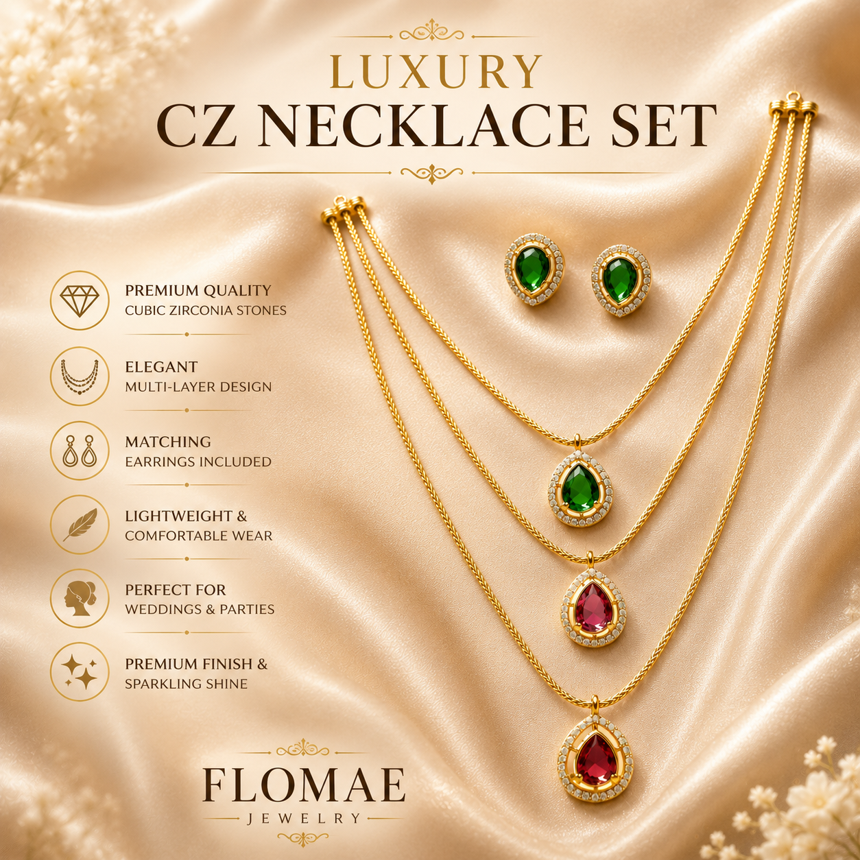 FLOMAE Gold Plated Multi Layer Pendant Necklace for Women | Green & Pink Stone AD Chain Necklace | Designer Party Wear Jewelry