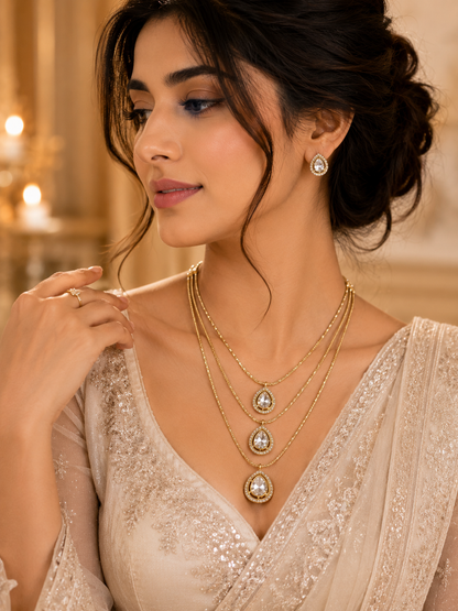FLOMAE Gold Plated Layered Pendant Necklace Set for Women | AD Stone Designer Necklace with Stud Earrings | Party Wear Jewelry Set
