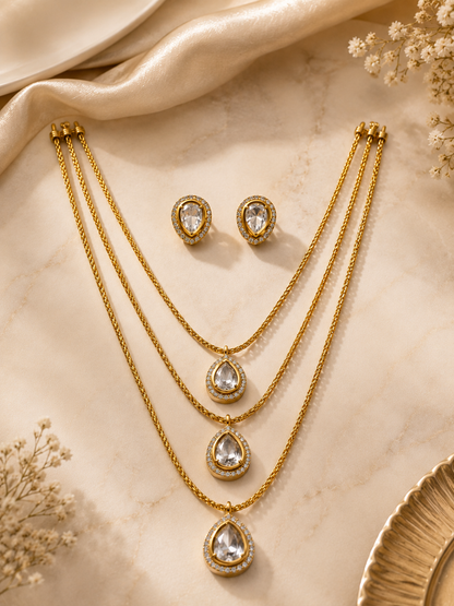 FLOMAE Gold Plated Layered Pendant Necklace Set for Women | AD Stone Designer Necklace with Stud Earrings | Party Wear Jewelry Set
