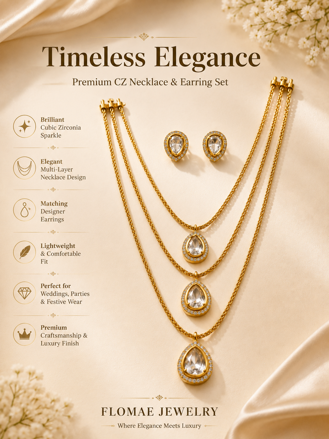 FLOMAE Gold Plated Layered Pendant Necklace Set for Women | AD Stone Designer Necklace with Stud Earrings | Party Wear Jewelry Set