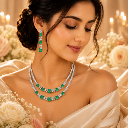 Flomae Silver-Plated Emerald Green AD Necklace Set for Women | Designer Statement Jewellery Set with Matching Earrings | Wedding, Party & Festive Wea