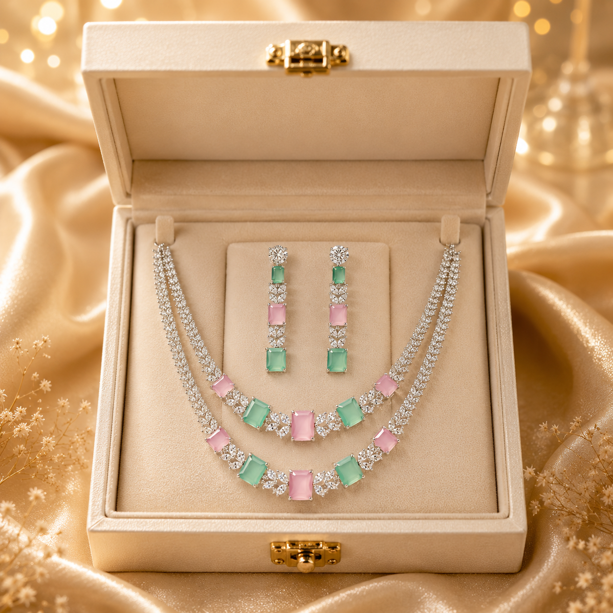 Flomae Sliver-Plated Pastel Pink & Green AD Necklace Set for Women | Designer Statement Jewellery Set with Matching Earrings | Wedding, Party & Festive Wear
