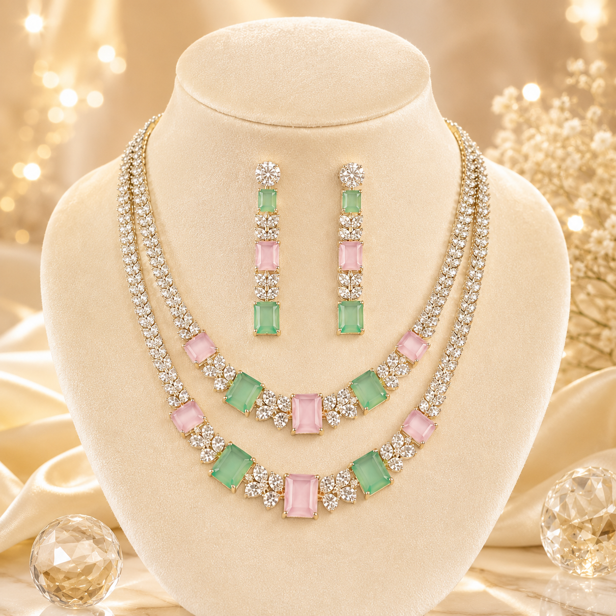 Flomae Sliver-Plated Pastel Pink & Green AD Necklace Set for Women | Designer Statement Jewellery Set with Matching Earrings | Wedding, Party & Festive Wear