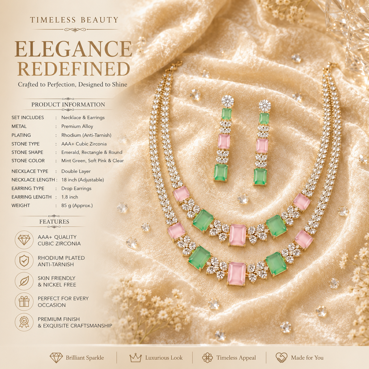 Flomae Sliver-Plated Pastel Pink & Green AD Necklace Set for Women | Designer Statement Jewellery Set with Matching Earrings | Wedding, Party & Festive Wear