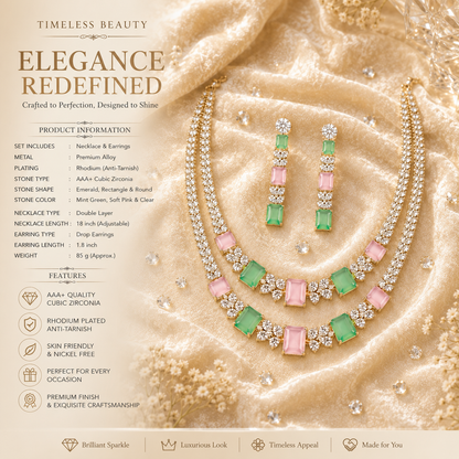 Flomae Sliver-Plated Pastel Pink & Green AD Necklace Set for Women | Designer Statement Jewellery Set with Matching Earrings | Wedding, Party & Festive Wear