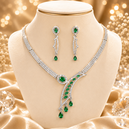 FLOMAE Silver Plated Green Stone Necklace Set for Women | AD Designer Jewelry Set with Dangle Earrings | Wedding & Party Wear Necklace Set