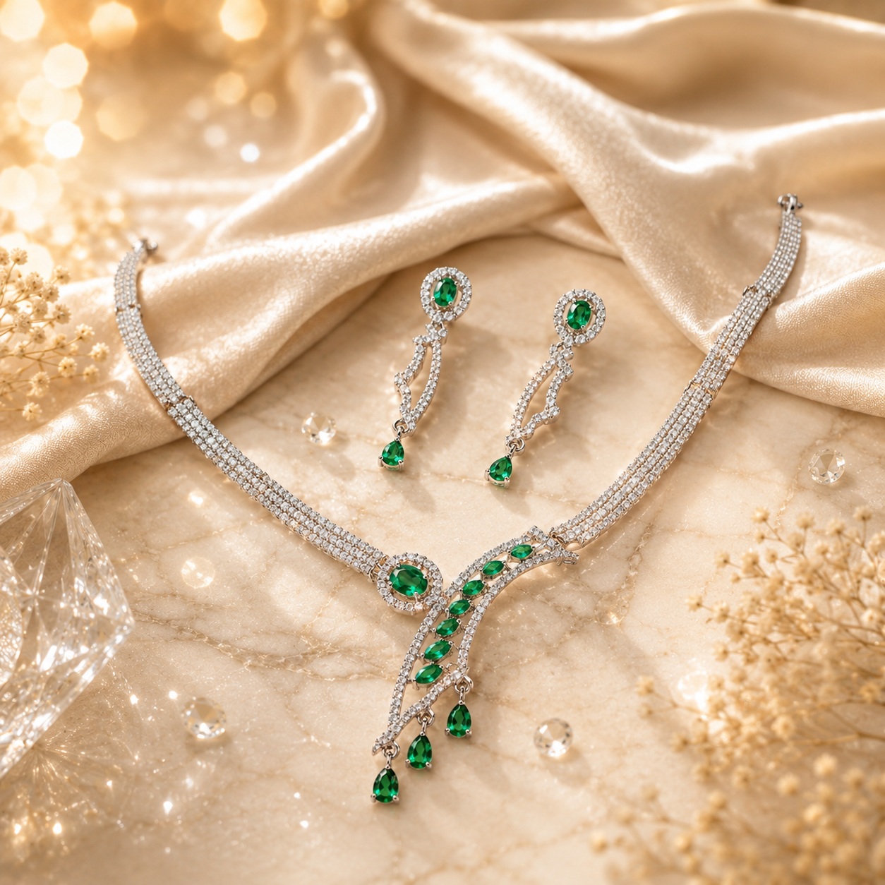 FLOMAE Silver Plated Green Stone Necklace Set for Women | AD Designer Jewelry Set with Dangle Earrings | Wedding & Party Wear Necklace Set