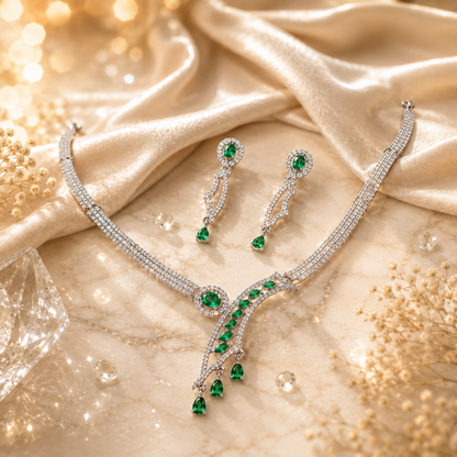 FLOMAE Silver Plated Green Stone Necklace Set for Women | AD Designer Jewelry Set with Dangle Earrings | Wedding & Party Wear Necklace Set