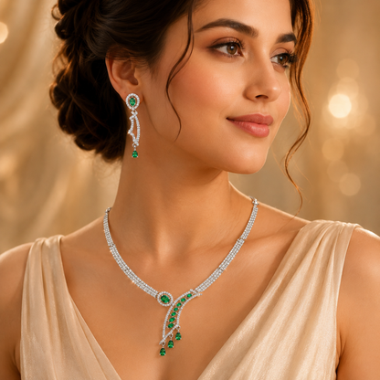 FLOMAE Silver Plated Green Stone Necklace Set for Women | AD Designer Jewelry Set with Dangle Earrings | Wedding & Party Wear Necklace Set