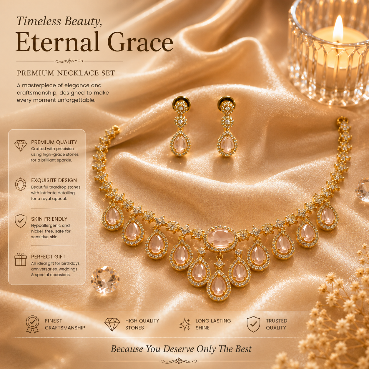 FLOMAE Gold Plated Light Pink Stone Jewelry Set for Women | Designer Necklace & Earrings Set | Traditional Party Wear Jewelry