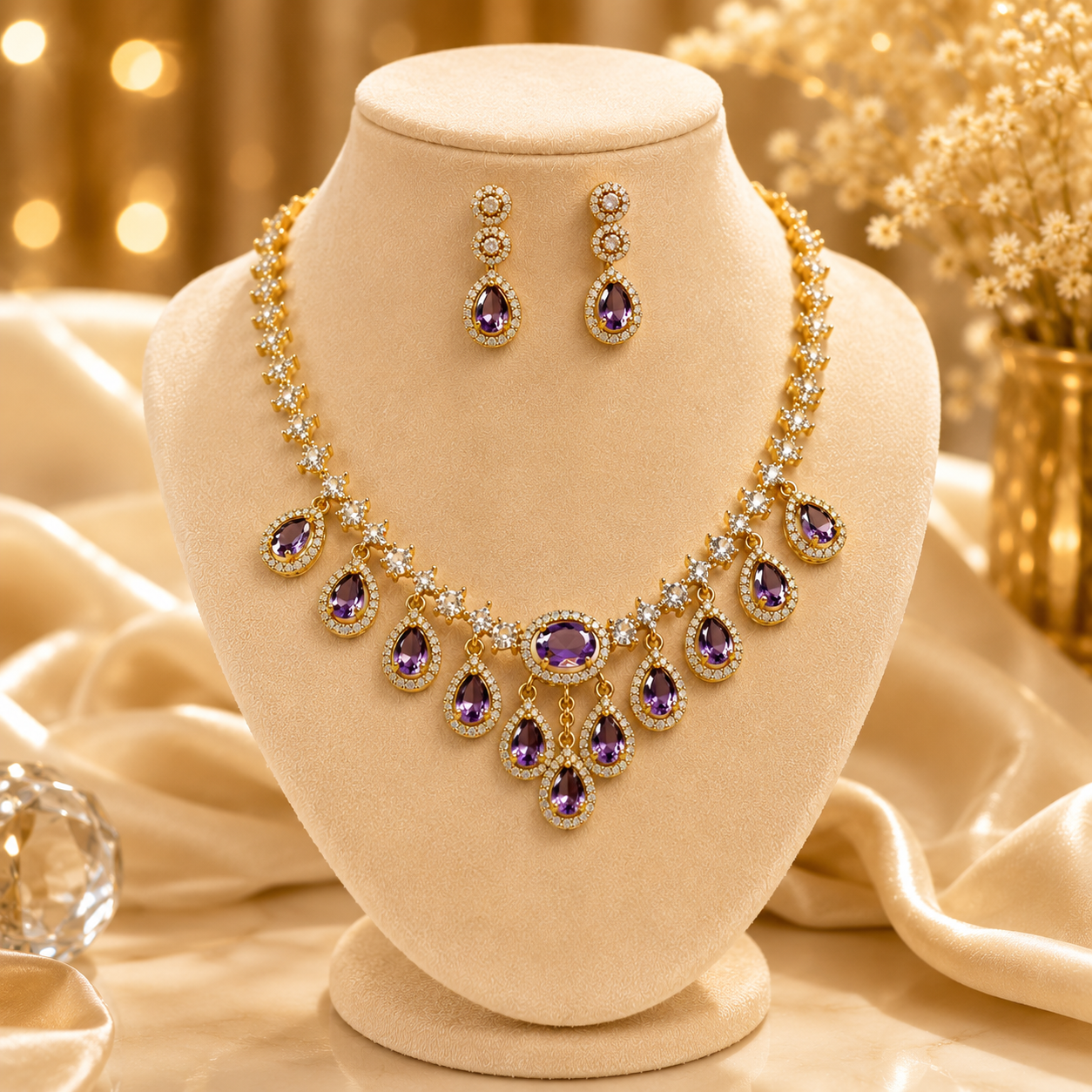 FLOMAE Gold Plated Purple Stone Jewelry Set for Women | Designer Necklace & Earrings Set | Traditional Party Wear Jewelry