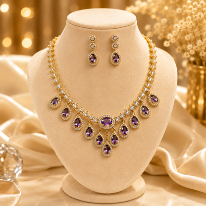 FLOMAE Gold Plated Purple Stone Jewelry Set for Women | Designer Necklace & Earrings Set | Traditional Party Wear Jewelry