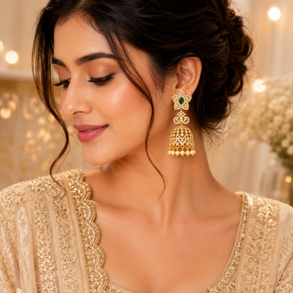Flomae Gold Plated Green Stone Pearl Jhumki Earrings Cubic Zirconia Alloy Jhumki Earring, Drops & Danglers