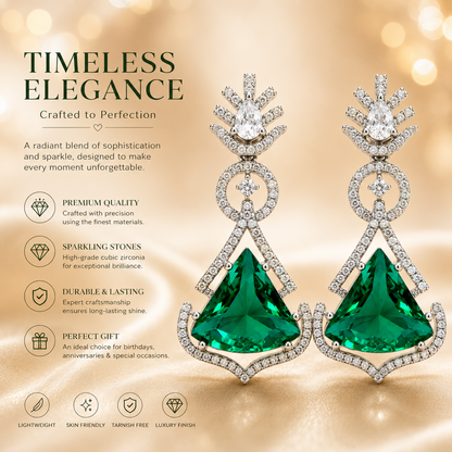 FLOMAE Silver Plated One Green And White Stones CZ Long Dangle Earrings for Women Party Wear