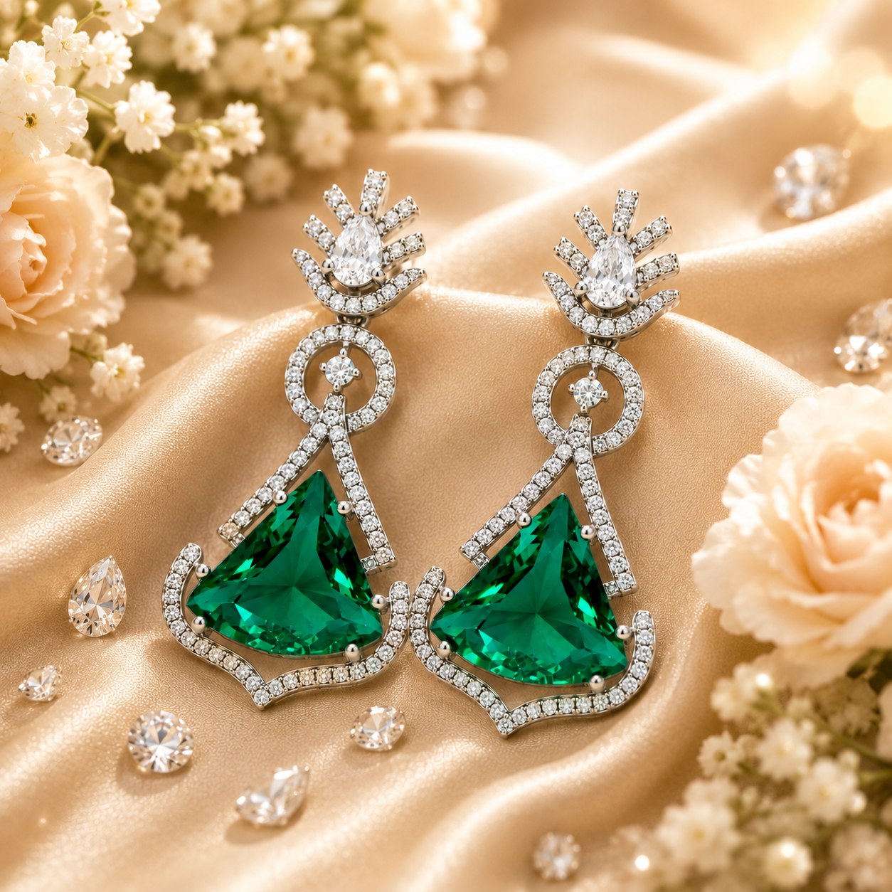 FLOMAE Silver Plated One Green And White Stones CZ Long Dangle Earrings for Women Party Wear