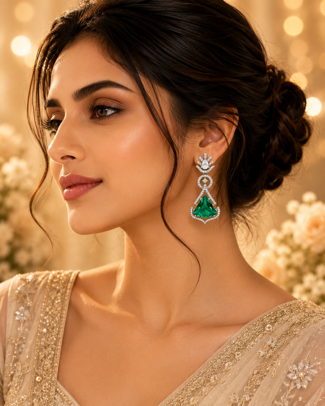 FLOMAE Silver Plated One Green And White Stones CZ Long Dangle Earrings for Women Party Wear