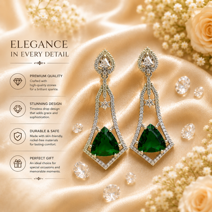 FLOMAE Silver Plated Green Stone AD Dangle Earrings for Women | Designer Long Earrings | Party Wear Fashion Earrings