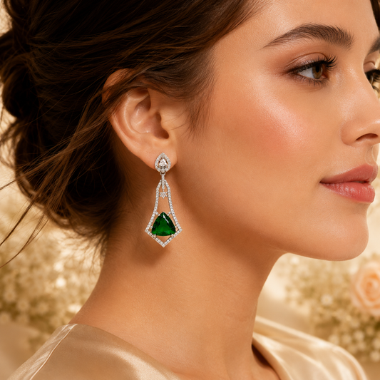 FLOMAE Silver Plated Green Stone AD Dangle Earrings for Women | Designer Long Earrings | Party Wear Fashion Earrings