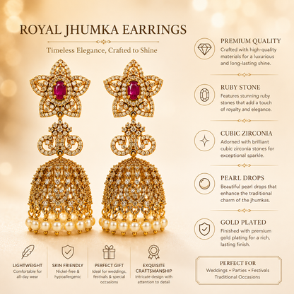 Flomae Gold Plated Green Stone CZ Pearl Drop Jhumki Earrings for Women Cubic Zirconia Alloy Jhumki Earring, Drops & Danglers