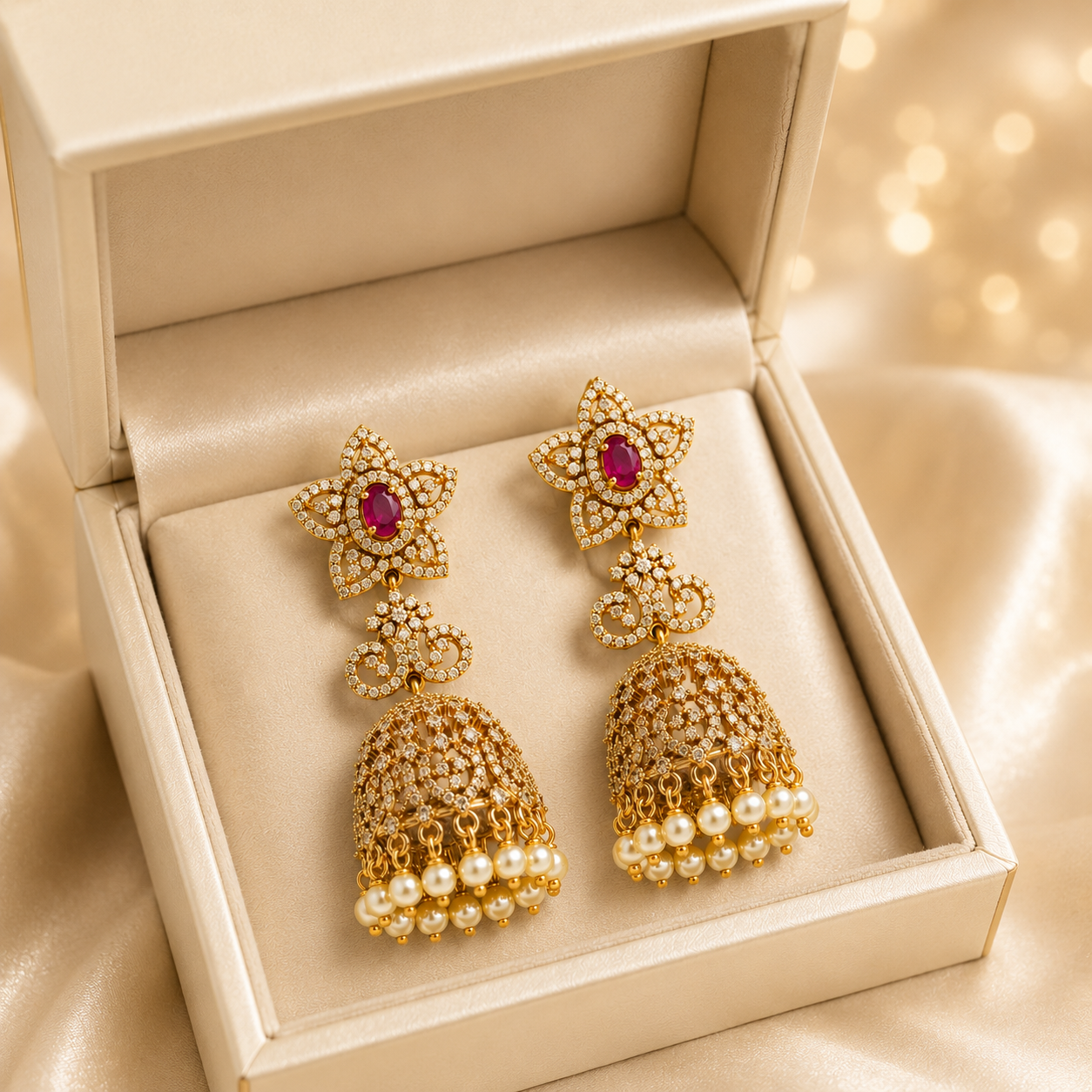 Flomae Gold Plated Green Stone CZ Pearl Drop Jhumki Earrings for Women Cubic Zirconia Alloy Jhumki Earring, Drops & Danglers