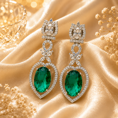 FLOMAE Silver Plated Green Stone AD Dangle Earrings for Women | Designer Long Earrings | Party Wear Statement Earring